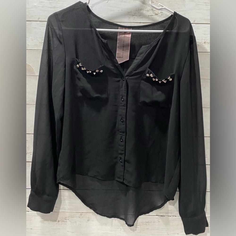 Moon Collection Black Sheer Button Long Sleeve Metal Studded Blouse Top Sz Small